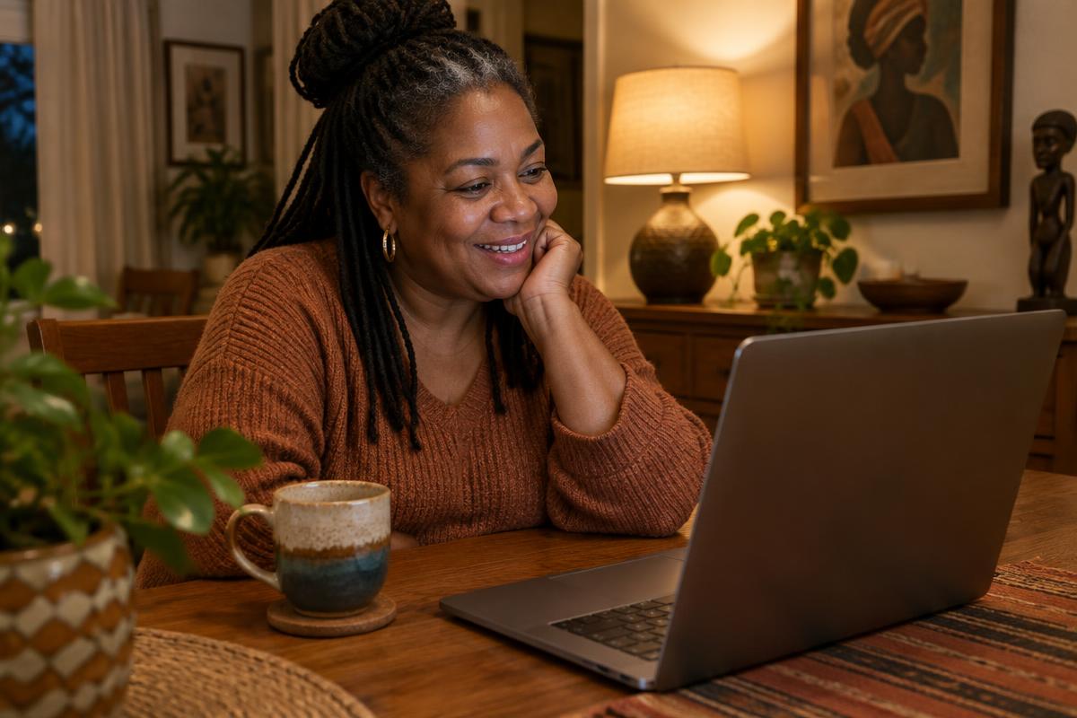 A woman smiling during a video call on her laptop at her dining table in the evening